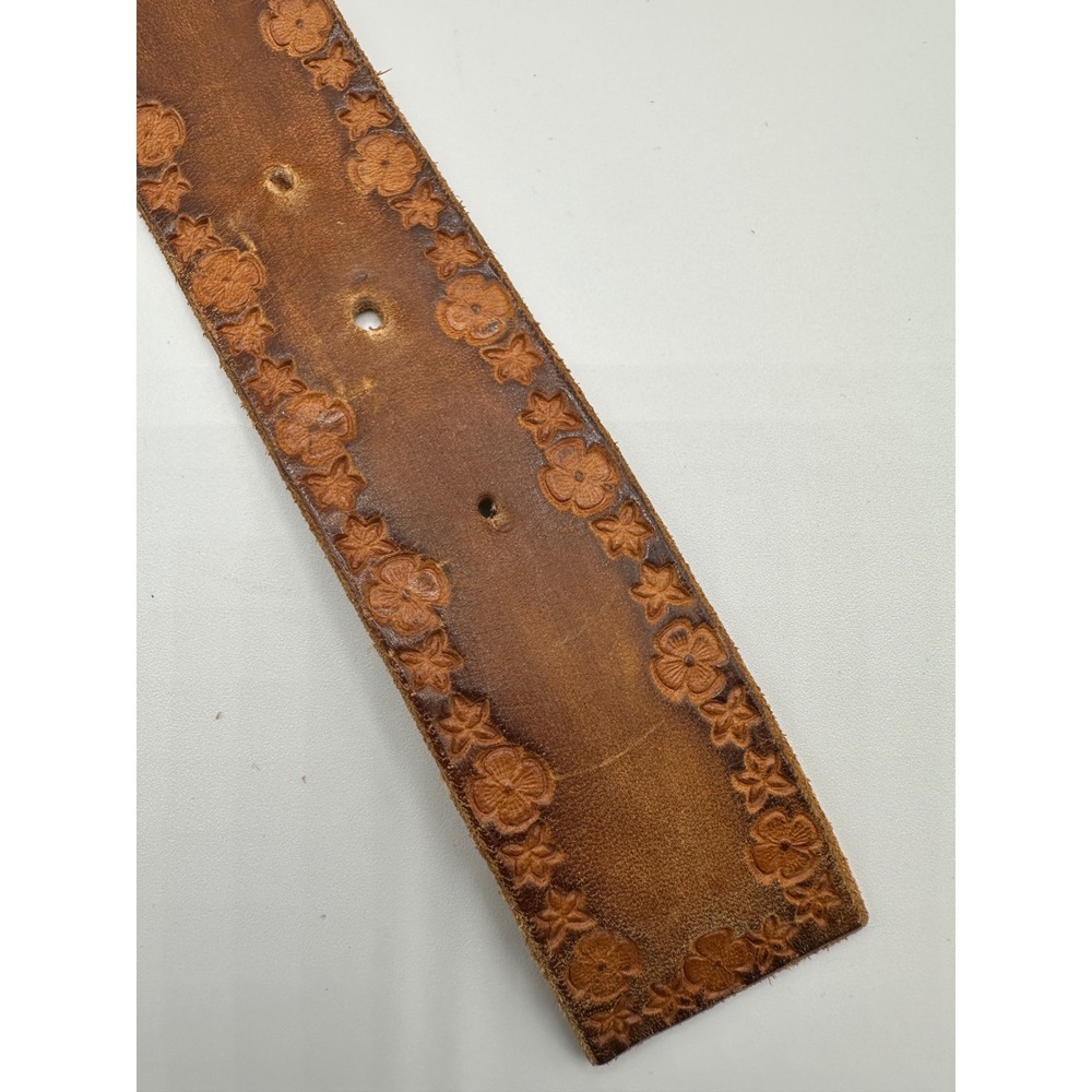 Vintage Tooled Leather Belt Antler Buckle Turquoise Inlay Western Brown Floral - Picture 5 of 8